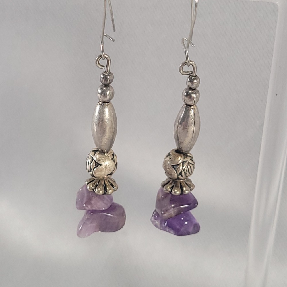 Amethyst Stone Earrings Women Purple‎ Silver Tone Boho Beaded Drop Dangles